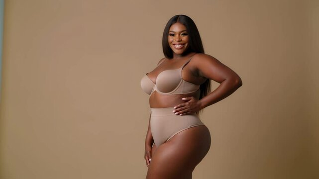 Confident plus size black woman in underwear posing in studio against beige background.
