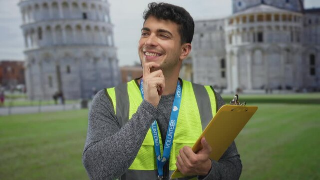 Man places chin on hand to think beside rome cathedral with hispanic outdoor volunteer clipboard portrait and bright smile.