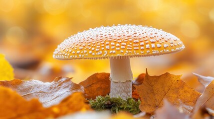 Orange-red mushroom in autumn leaves