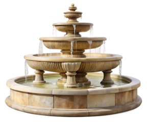 Beige stone three tiered fountain with flowing water in center view isolated on a transparent background