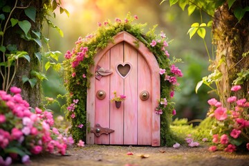 A charming pink fairy door adorned with vibrant flowers and lush greenery invites you into a magical garden, where dreams come alive and fairytales unfold