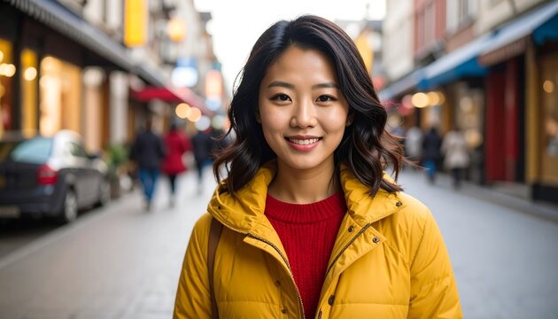 Asian woman smiling on city street - Powered by Adobe