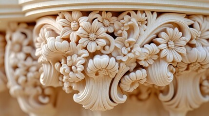 Ornate floral carvings on a light beige pedestal