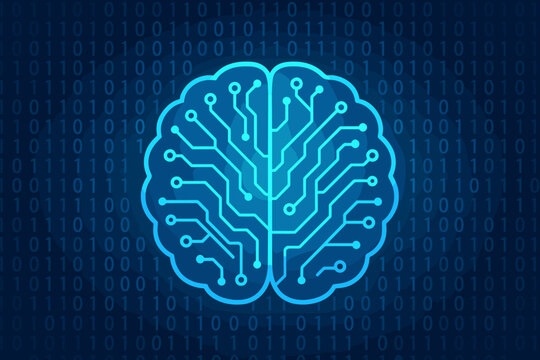 Artificial intelligence AI concept. Digital brain with neural network circuit board. Binary code background. Machine learning, data processing and futuristic technology vector.