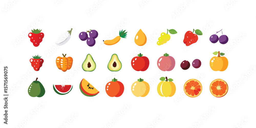 Poster extensive icon set featuring a wide variety of fruits suitable for various design projects including