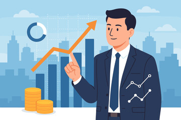 Businessman Analyzing Financial Growth, Investment Data, and Business Strategy with Upward Graph, City Skyline, Coins, and Analytics Chart