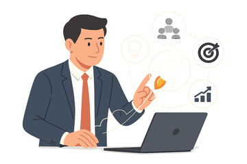 Businessman Launching Startup with Laptop, Touching Virtual Rocket, Marketing Icons, Growth, Target, Teamwork, Innovation, Modern Flat Vector Illustration