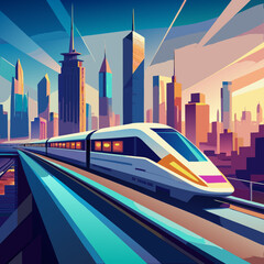 High-Speed Train in Modern City Skyline Illustration
