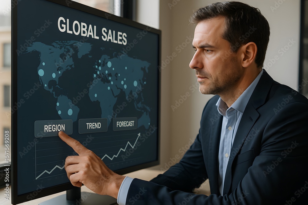 Aufkleber an engaged businessman in a suit focuses intently on a large computer monitor. displaying a world ma