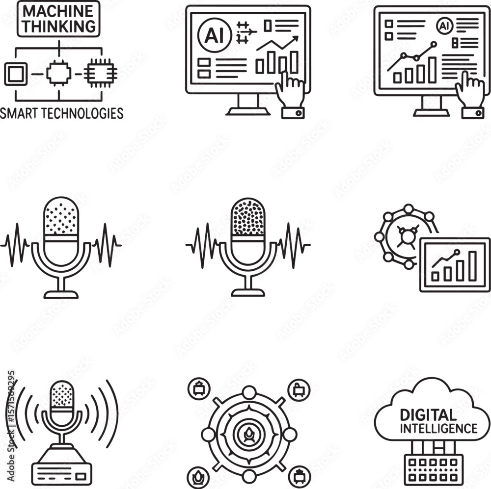 Poster technology icons machine thinking microphones data analysis cloud intelligence smart technologies