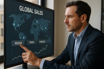 An engaged businessman in a suit focuses intently on a large computer monitor. Displaying a world map and charts highlighting "Global Sales" for analysis, decision making, and planning.