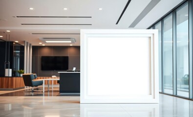 A pristine white blank frame mockup ready to embrace your brand's identity logo stands majestically against a modern business office reception backdrop A copy space invitation beckons inviting you to 