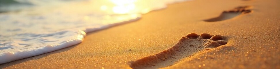Golden Sand Footprints Serene Beach Scene at Low Tide, Perfect for Travel and Relaxation