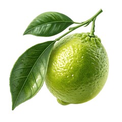 A green lemon fruit with a leaf isolated on a white background.