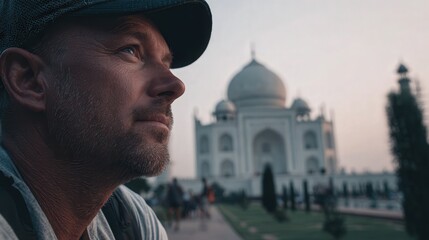 A thoughtful traveler observing the Taj Mahal from a distance, conveying a sense of wonder and contemplation, soft diffused light, authentic emotion, documentary style