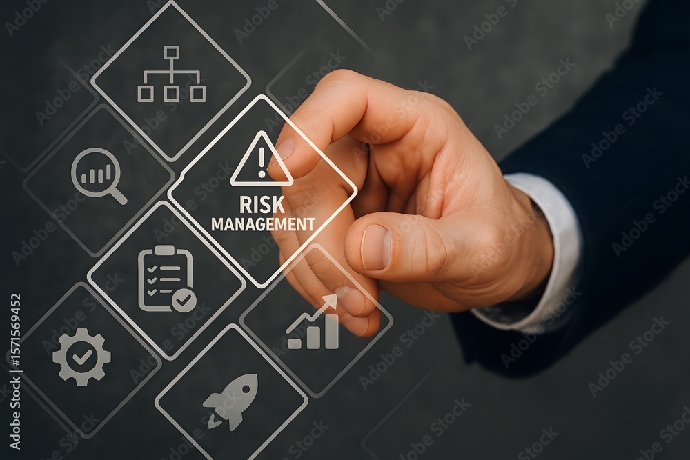 Poster an insightful hand interacts with the futuristic interface of risk management, illuminating its crit
