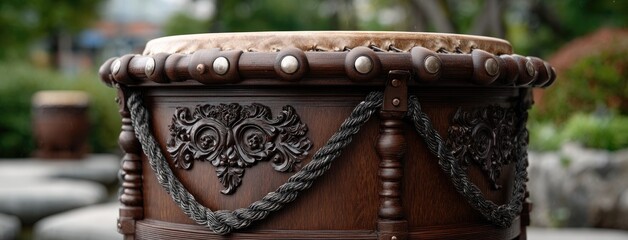 A traditional subset drum with wooden sticks and decorative cloth highlights its intricate design and cultural importance