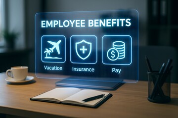 Conceptual illustration showcasing the concept of employee benefits on a computer screen. Featuring icons for vacation, insurance, and pay.