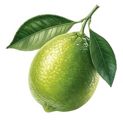 A green lemon fruit with a leaf isolated on a white background.
