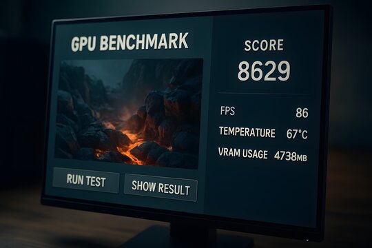 A detailed examination of a GPU performance benchmark result on monitor, featuring the displayed data and running test, presenting the power and technological capabilities in vibrant detail.