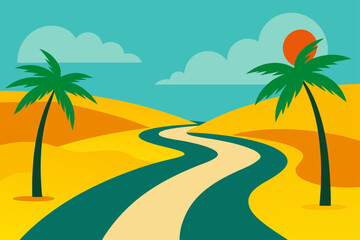 Serene Desert Oasis Winding Road Through Golden Sands and Palm Trees