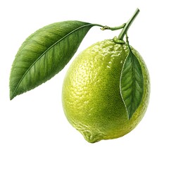 A green lemon fruit with a leaf isolated on a white background.