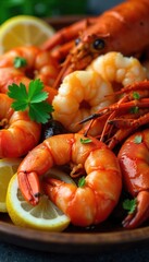 Summer Seafood Platter Succulent Shrimp, Lobster, and Crab Legs with Lemon and Parsley Garnish.  Perfect for beachside dining and creating mouthwatering summer menus.