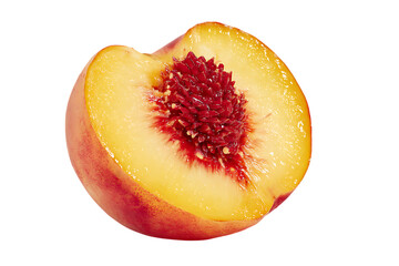 Close up of a ripe peach cut in half, showcasing its vibrant color and texture.