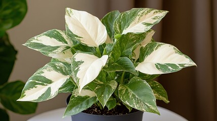 Ornate, variegated plant with off-white leaves and green patterns in a dark pot