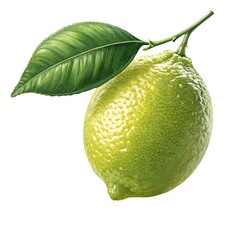 A green lemon fruit with a leaf isolated on a white background.