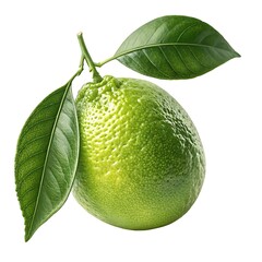 A green lemon fruit with a leaf isolated on a white background.