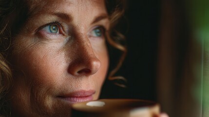 close-up, authentic portrait of a middle-aged woman with a serene expression, holding a warm cup of herbal tea, 