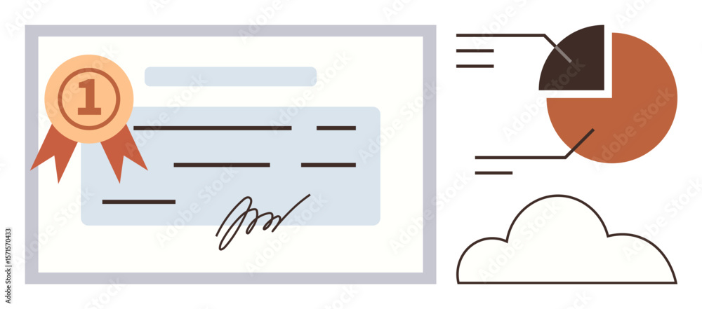Aufkleber certificate with badge and signature next to chart and cloud, symbolizing recognition, success, data