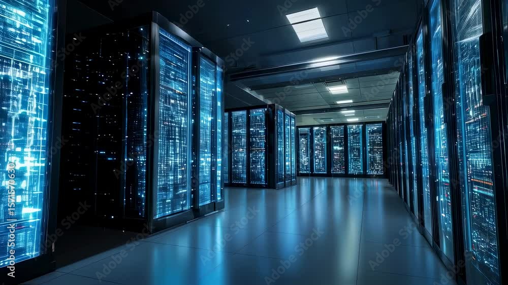 Poster an intricate layout of highperformance server racks in a contemporary data center enhanced with ener