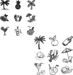 Set of outline Summer vacation doodle line black and white icons
