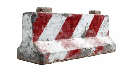 Concrete barrier with red and white stripes providing road construction safety on a transparent background.