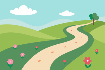 Obraz premium Road Through A Blooming Meadow With Soft Rolling Hills