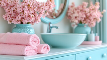 Pastel pink and teal bathroom with flowers. Rolled towels