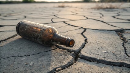 Abandoned glass bottle lying on cracked dry earth during sunset
