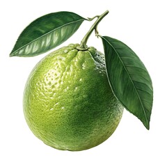 A green lemon fruit with a leaf isolated on a white background.