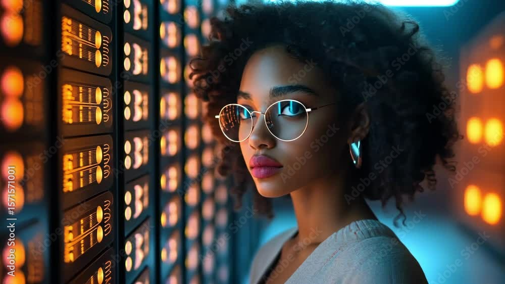 Poster woman with glasses in front of a server array with glowing lights