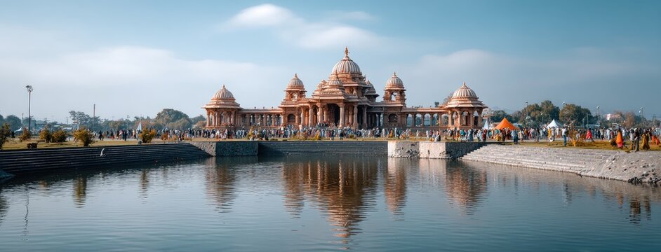 People dressed in traditional attire gather around Shri Rama Mandir, celebrating Vastu Daan festival with joy and colorful displays
