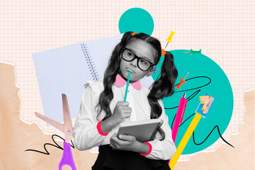Image poster trend collage of minded cute small schoolgirl hold notepad pencil think exam sharpener...
