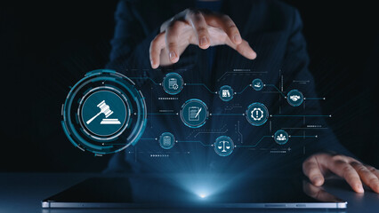 Futuristic digital law interface displaying justice scale, highlighting digital law, AI compliance,...