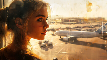 Woman looking out window at airport with airplanes on the tarmac view