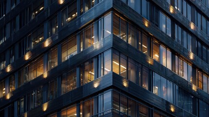 Close-up on the intricate details of a modern building's facade, illuminated by internal lights, hinting at activity within, sleek design, photorealistic, urban sophistication