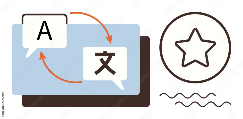 Poster speech bubbles showing language exchange with arrows, star rating, and wavy lines. ideal for transla