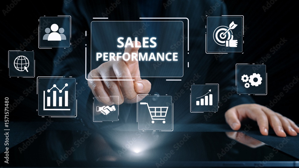 Poster digital sales performance dashboard showing sales performance metrics, performance trends, sales per