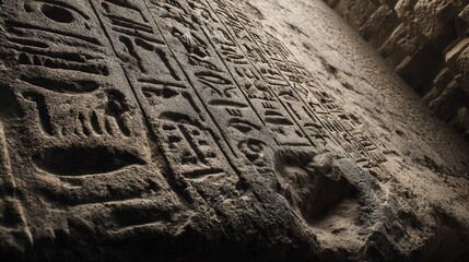 overhead shot of ancient hieroglyphs carved into stone, with a subtle background of the pyramid's 