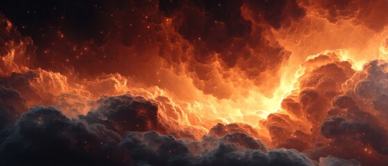 Fiery, dramatic sky full of swirling clouds, illuminated with shades of red, orange and yellow. The image evokes feelings of awe and power